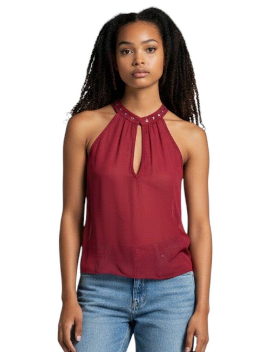 Alice & UO Grommet Collar Halter Tank Keyhole Neck Sheer Flowy Burgundy Small SP